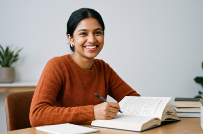Firefly_A focused young Indian woman in her mid-20s sitting at a clean study desk with an ope 338124_d743090a Firefly_A focused young Indian woman in her mid-20s sitting at a clean study desk with an ope 338124_d743090a