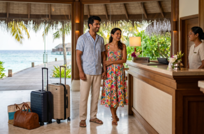 Firefly_An Indian couple in their early 30s smiling at a hotel reception desk with luggage be 338124_27934678 Firefly_An Indian couple in their early 30s smiling at a hotel reception desk with luggage be 338124_27934678